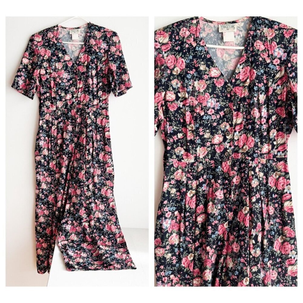 Vintage 90s Northern Traditions Floral Wide Leg Jumpsuit S/M